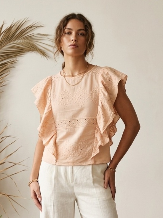 Zara Tops - ZARA Peach Eyelet Ruffle-Sleeve Top